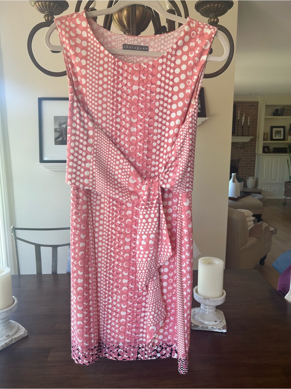 Sharagano Coral Pink Polka Dot Tie-Front Midi Dress